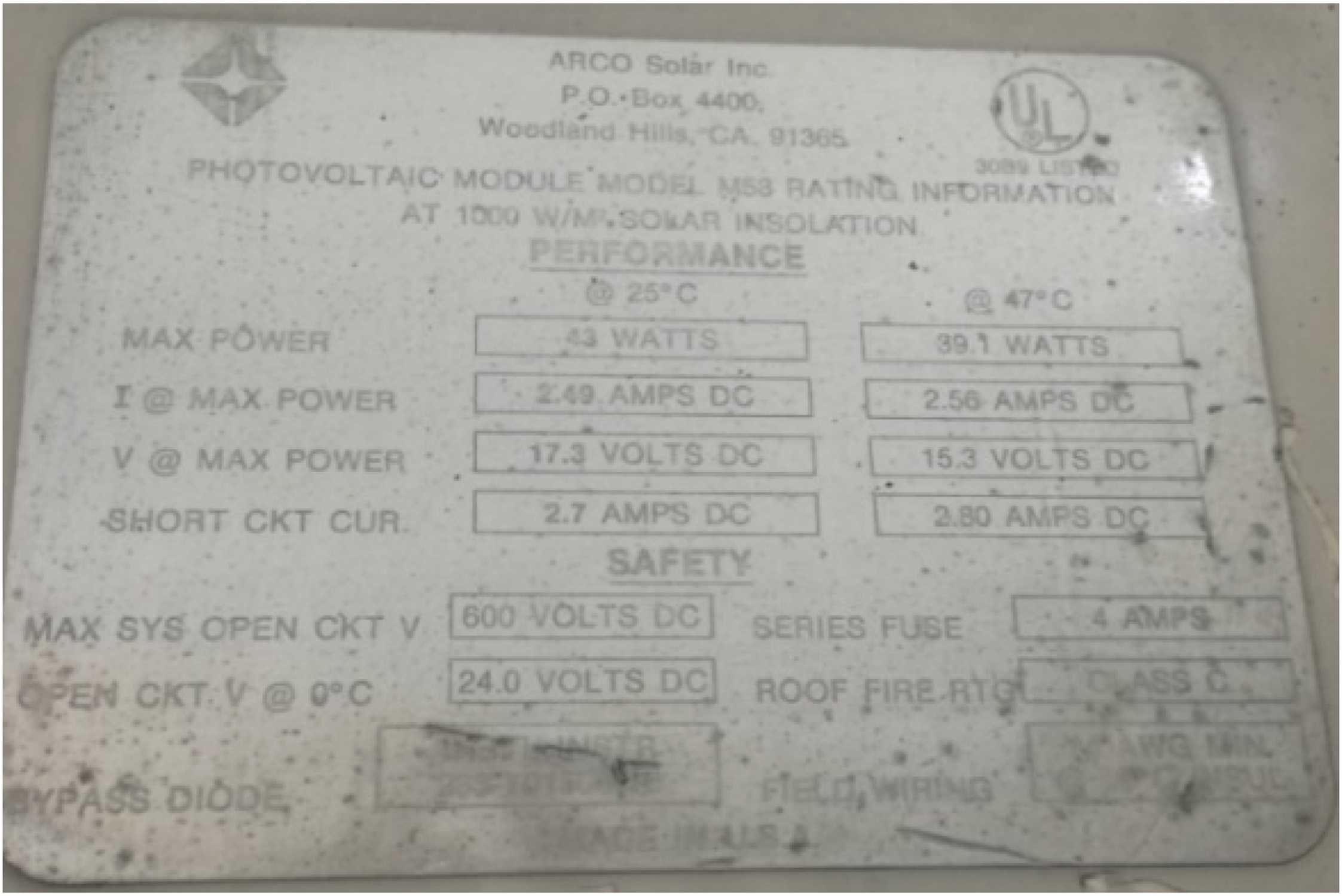 Manufacturer rating nameplate on vintage Arco Solar module