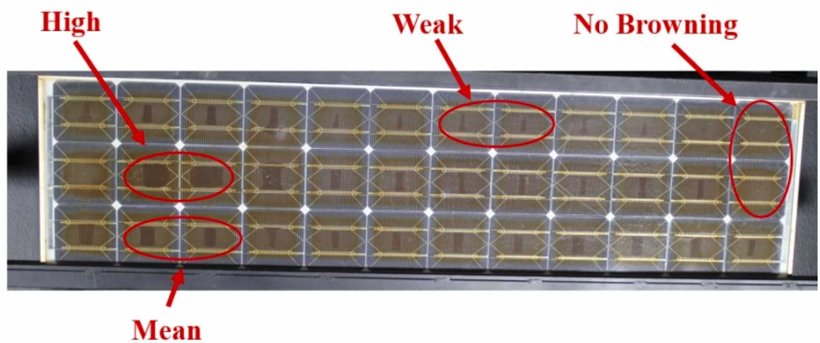 Visual degradation patterns on solar cells showing EVA browning and busbar discoloration