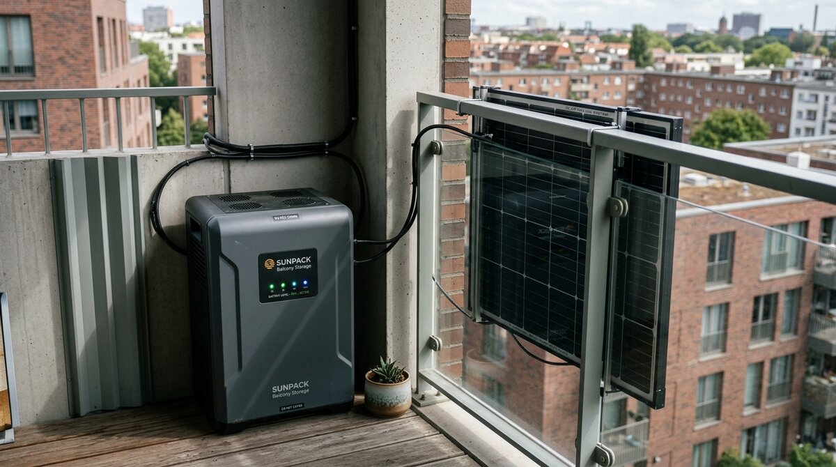 Compact modern outdoor balcony solar battery storage unit on apartment balcony