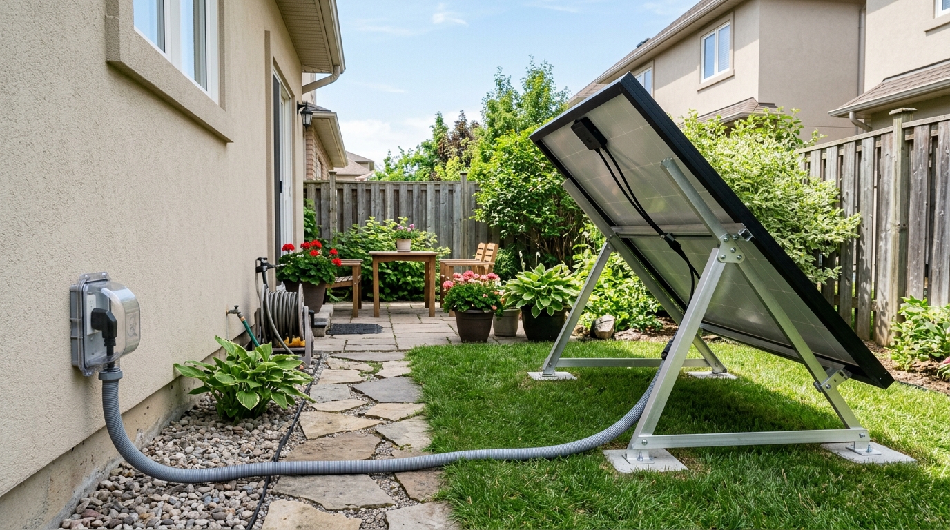 Residential backyard ground mount solar rack with protective conduit
