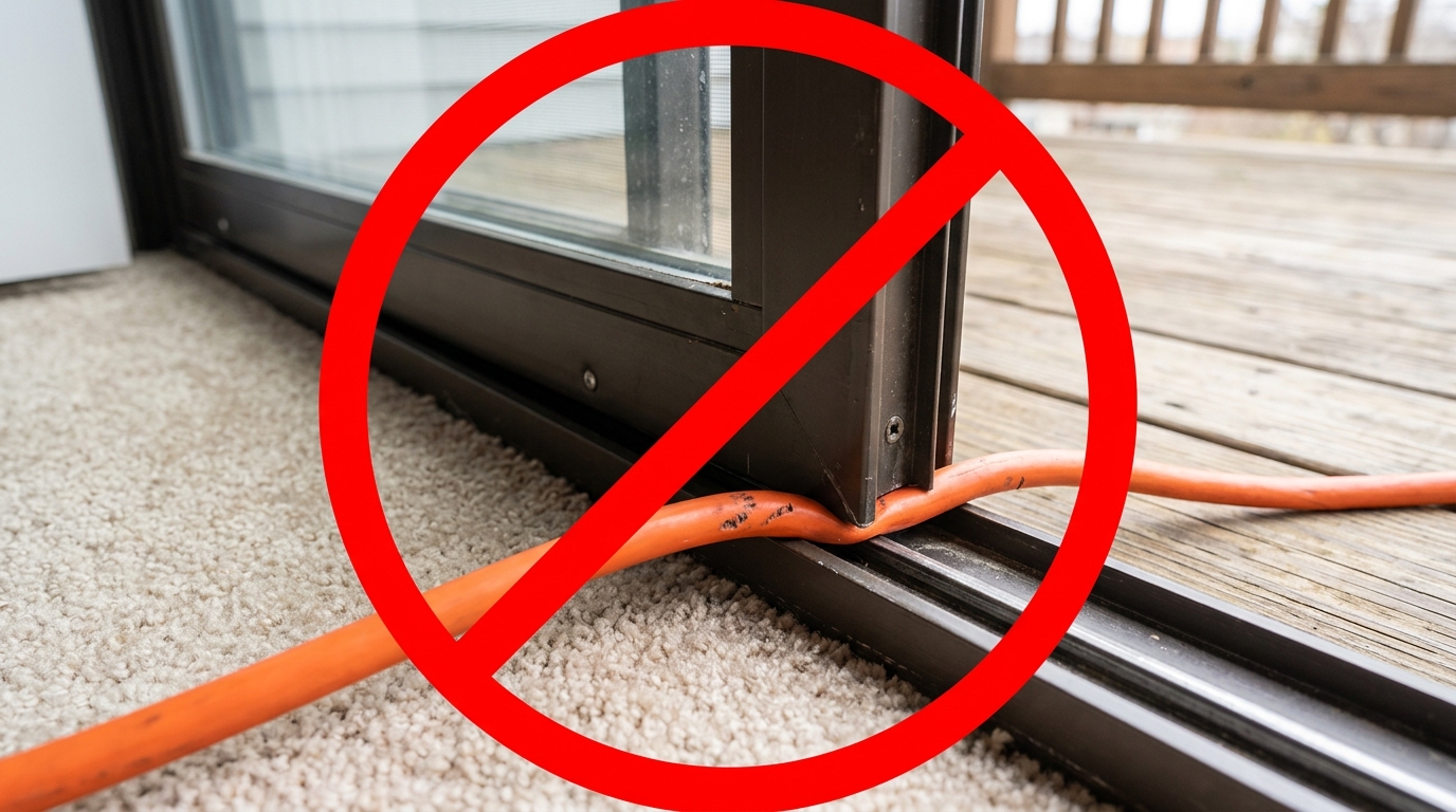 Extension cord pinched in sliding door opening with red prohibition symbol