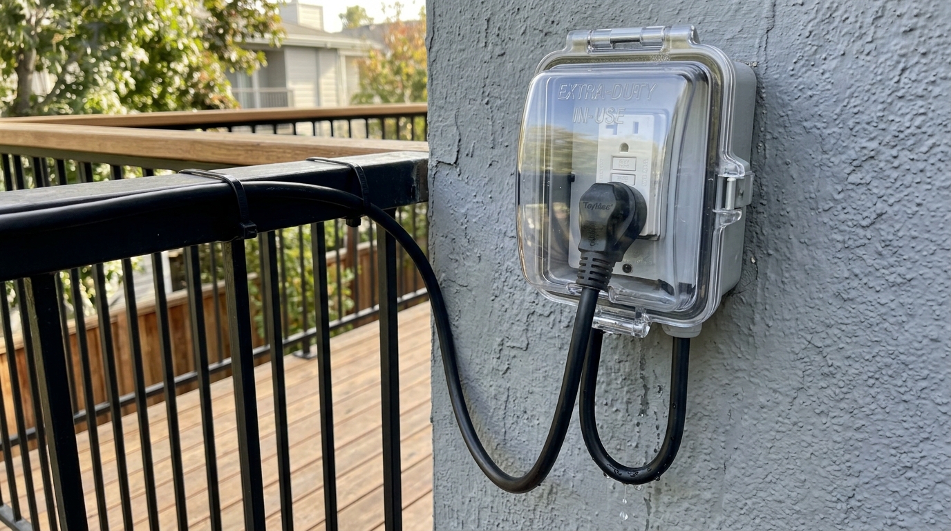 Code-compliant outdoor receptacle with extra-duty while-in-use bubble cover and drip loop