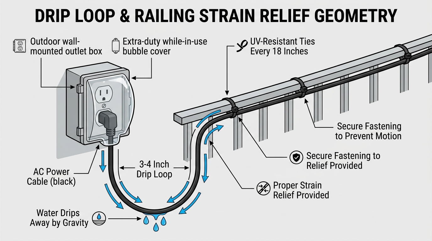 Engineering diagram of outdoor outlet drip loop and railing strain relief geometry