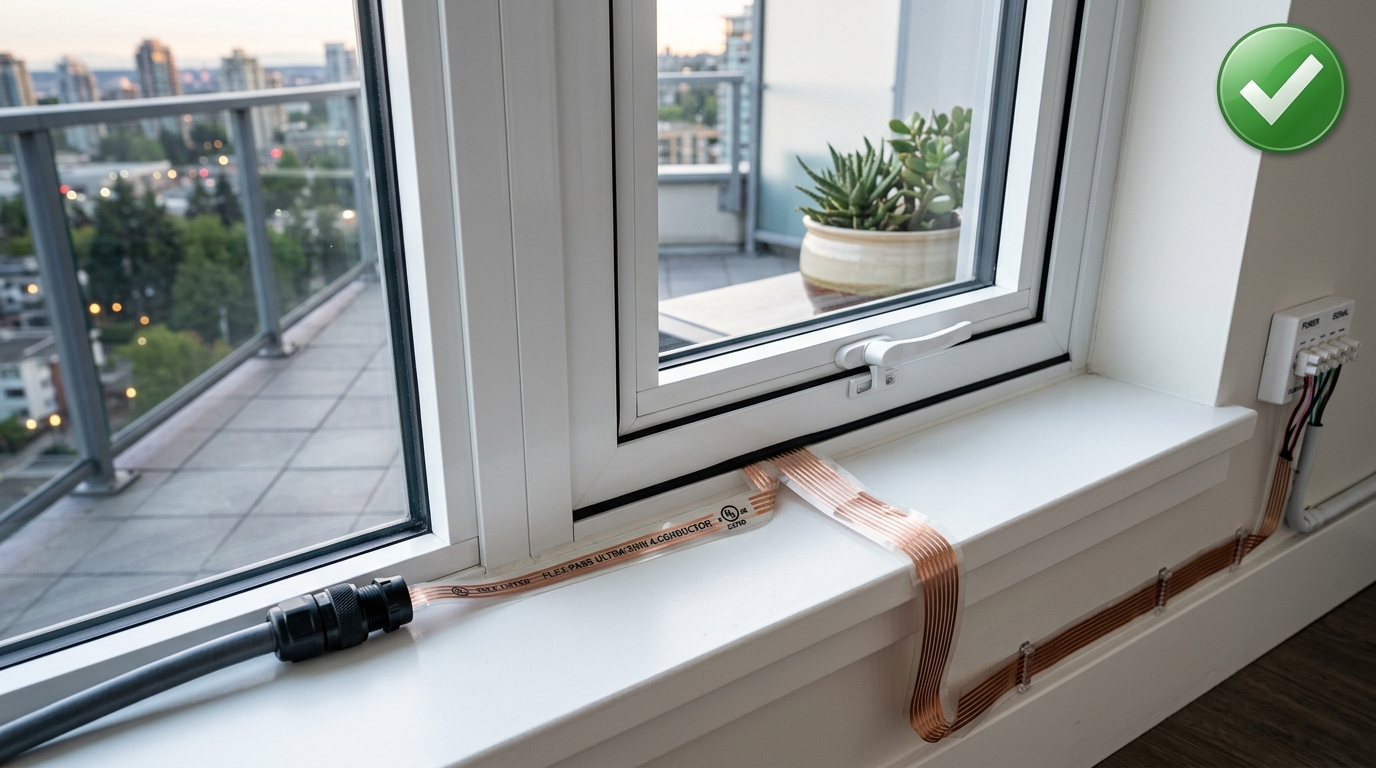 Approved flat flexible ribbon cable passing beneath closed window sash