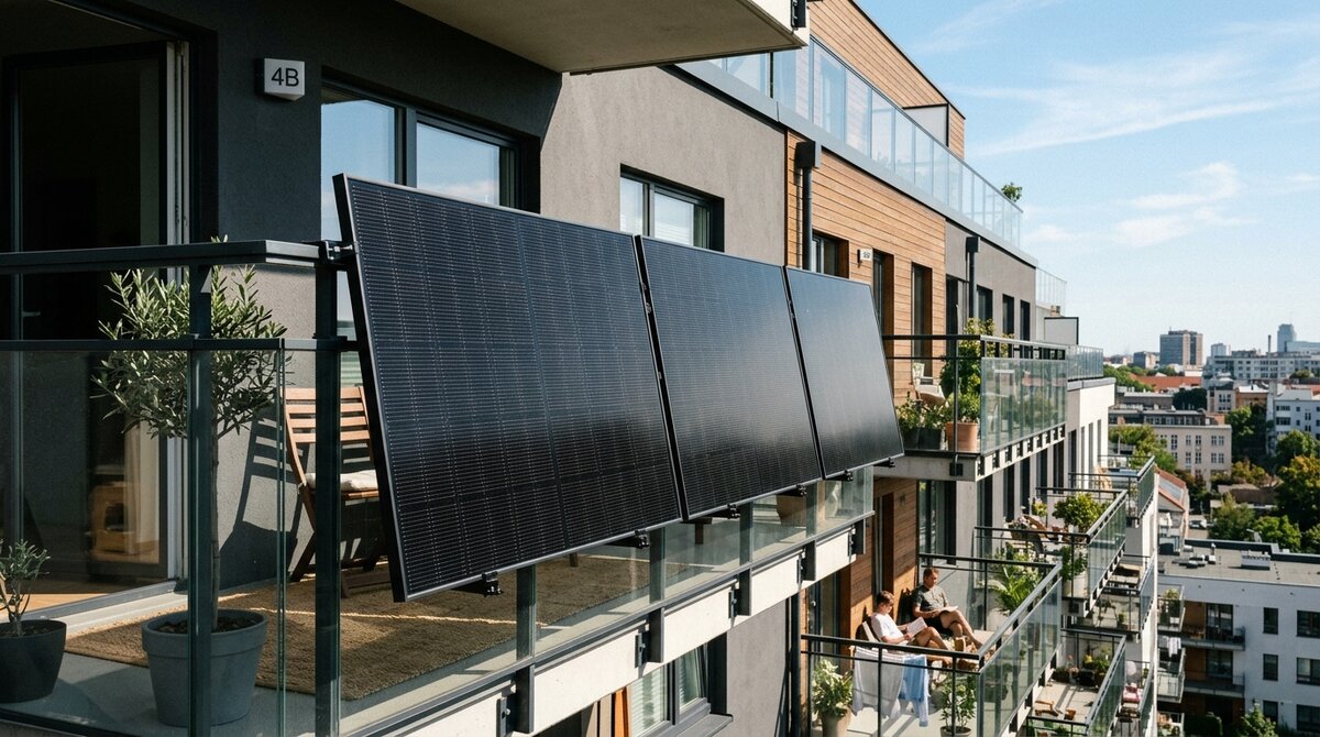 Modern all-black monocrystalline solar panels mounted neatly to an apartment balcony railing