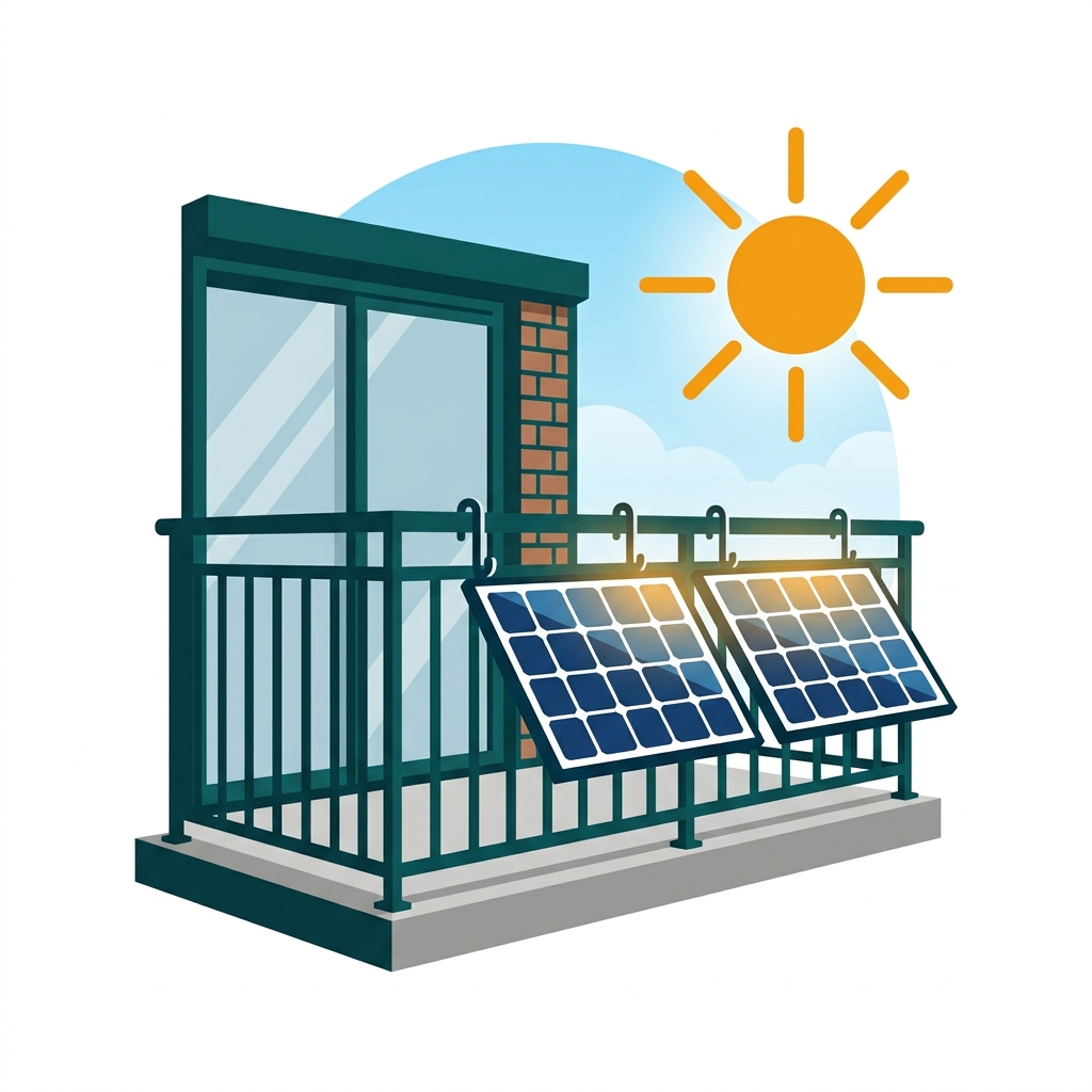 Balcony solar panels mounted on an apartment balcony railing catching sunlight